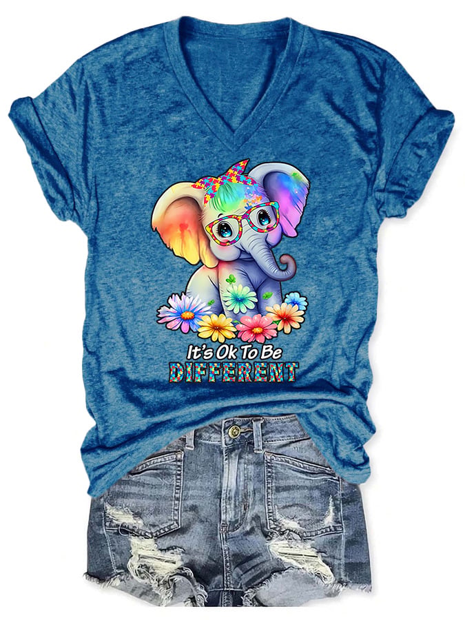 V-neck Autism Awareness Elephant  It's Ok To Be Different Print T-Shirt