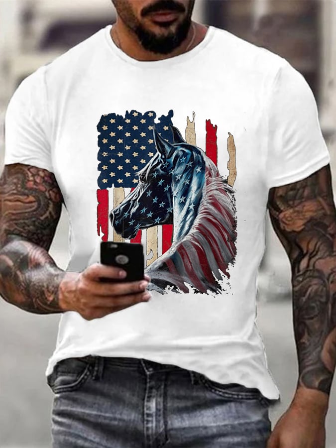 Men's July 4th Horse With USA Flag Print Short Sleeve T-Shirt