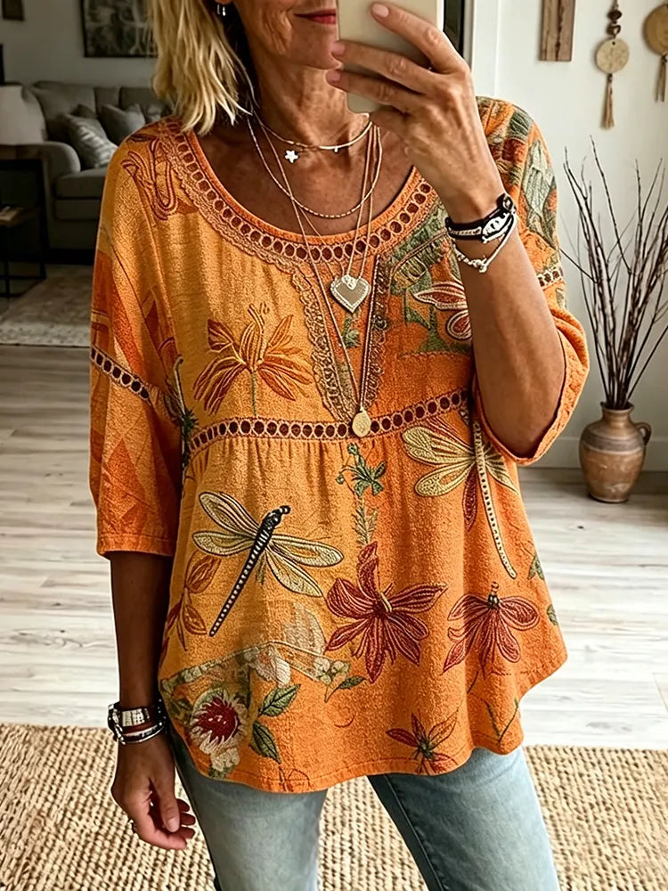Women's Bohemian Vintage Dragonfly And Floral Art Print Flowy Linen Blend Casual Tops