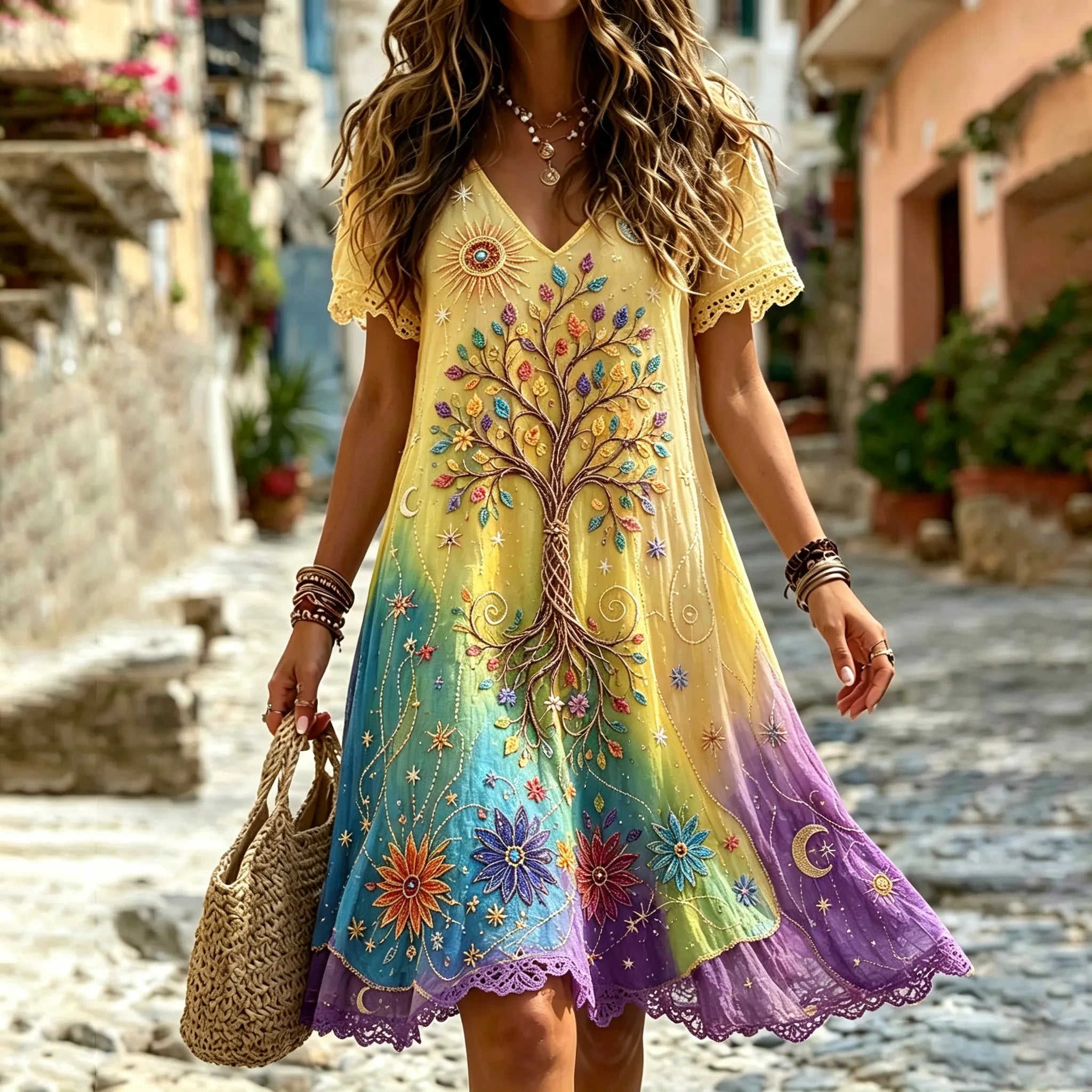 Women's Retro Hippie Tree Of Life Pattern V Neck Short Sleeve Linen Blend Midi Dress