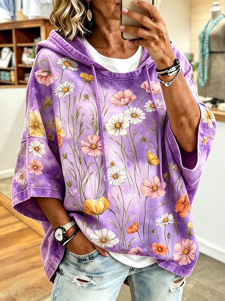 Women's Purple Tie-dye Half-sleeve Hoodie With Wildflower And Daisy Print