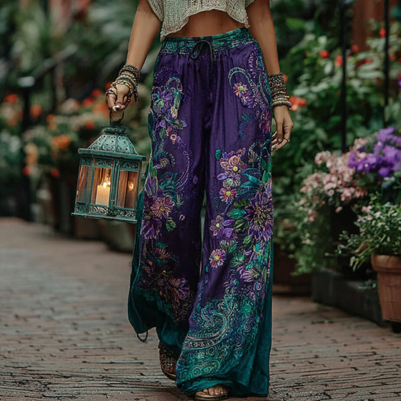 Women's Spring Floral Embroidered Art Print Casual Pants