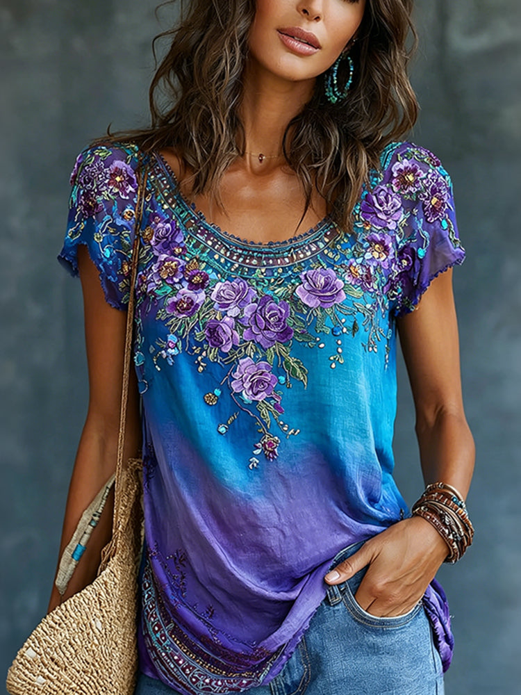 Women's Vintage Romantic Floral Art Linen Blend Short Sleeve Tops