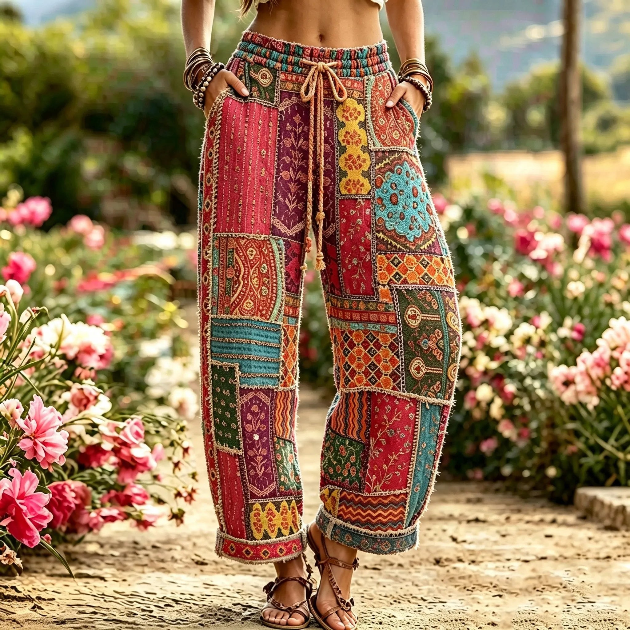Women's Retro Bohemian Hippie Style Patchwork Printed Cotton Linen Casual Pants