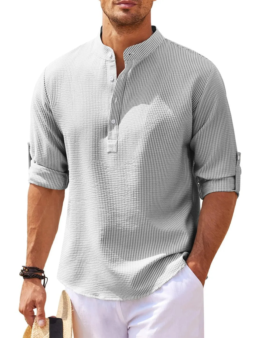 Men's Regular Fit Solid Color Waffle-knit Jacquard Long Sleeve Tee