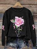 Women's Breast Cancer Pink Ribbon Rose Fearless Faith Hope Print Long Sleeve Round Neck Sweatshirt