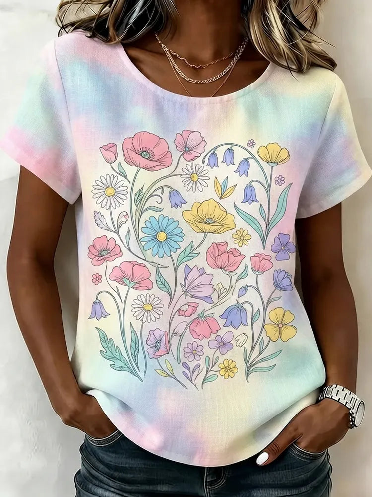 Women's Pastel Floral Bouquet Tie-dye Short Sleeve T-shirt