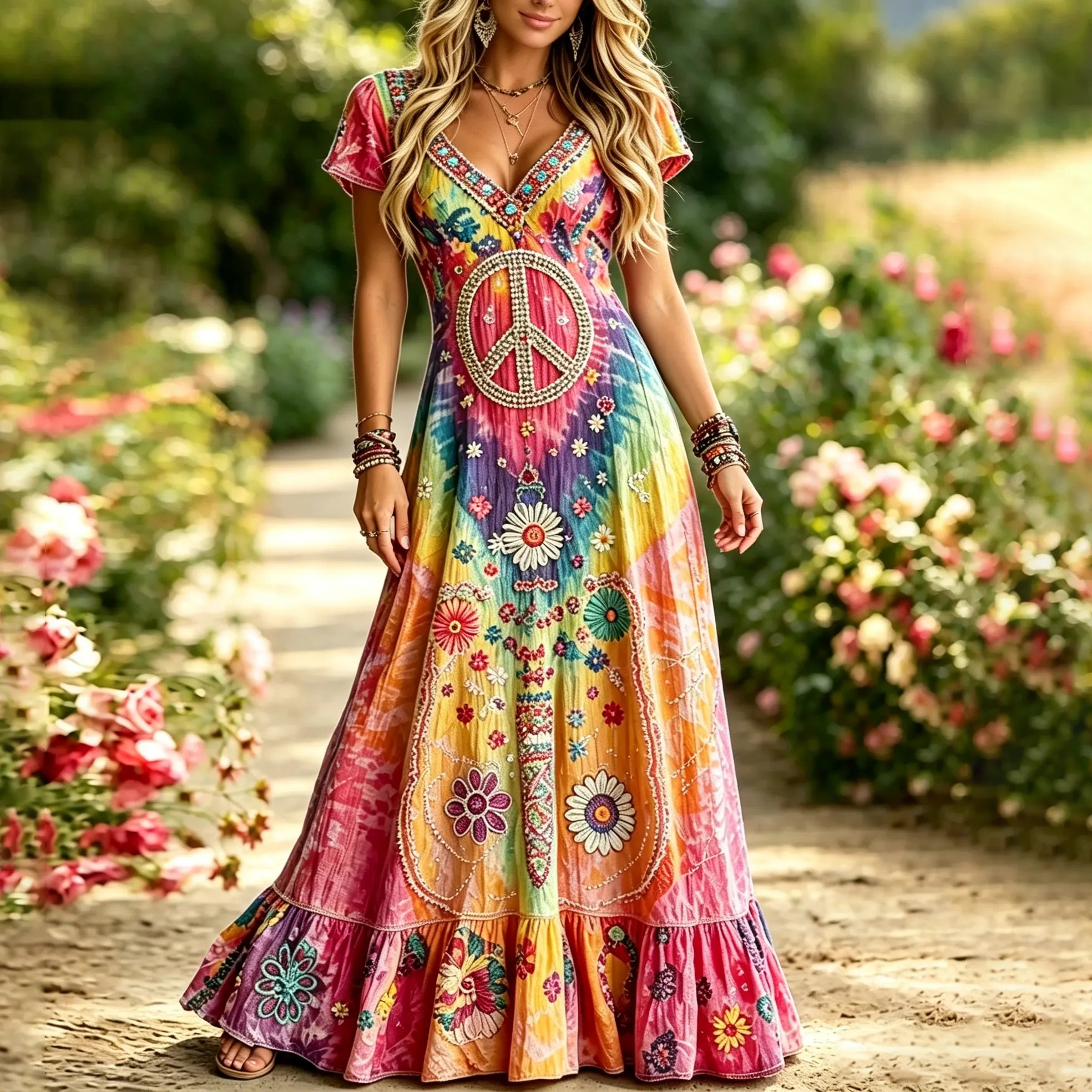 Women's Retro Hippie Peace Floral Embroidery Art Short Sleeve Linen Blend Maxi Dress