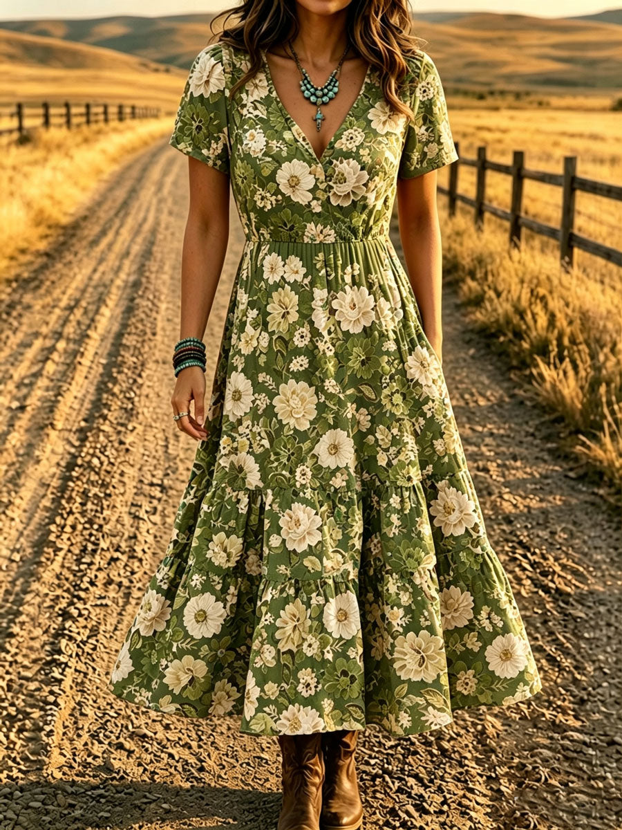 Women'S Western Style V-Neck Short Sleeved Floral Pattern Dress