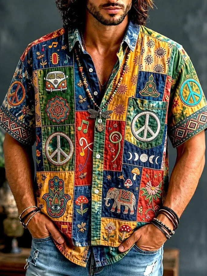 Men's Bohemian Style Patchwork Peace Symbol Hippie Art Print Casual Shirt