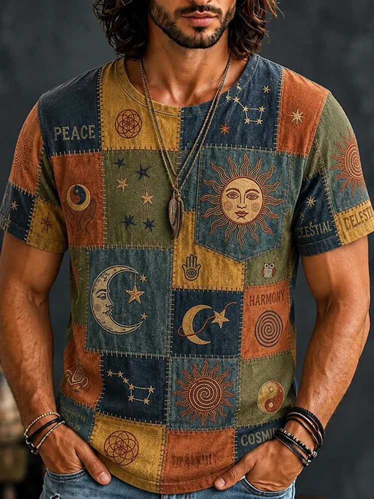 Men's Hippie Sun Moon Geometric Patchwork Print Short Sleeve T-shirt