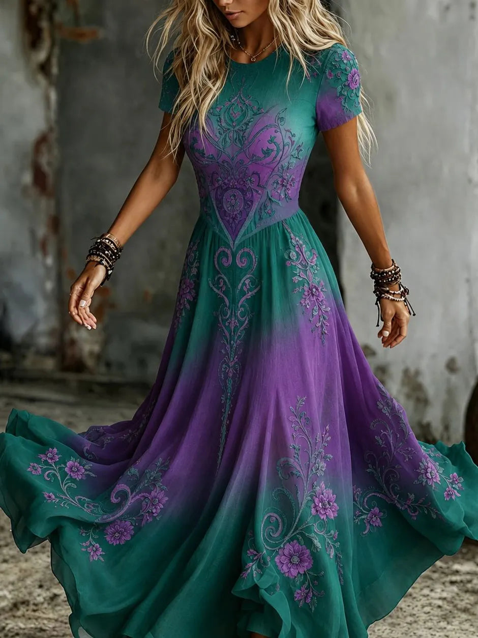 Women's Vintage Floral Embroidery Art Crew Neck Short Sleeve Flowy Maxi Dress