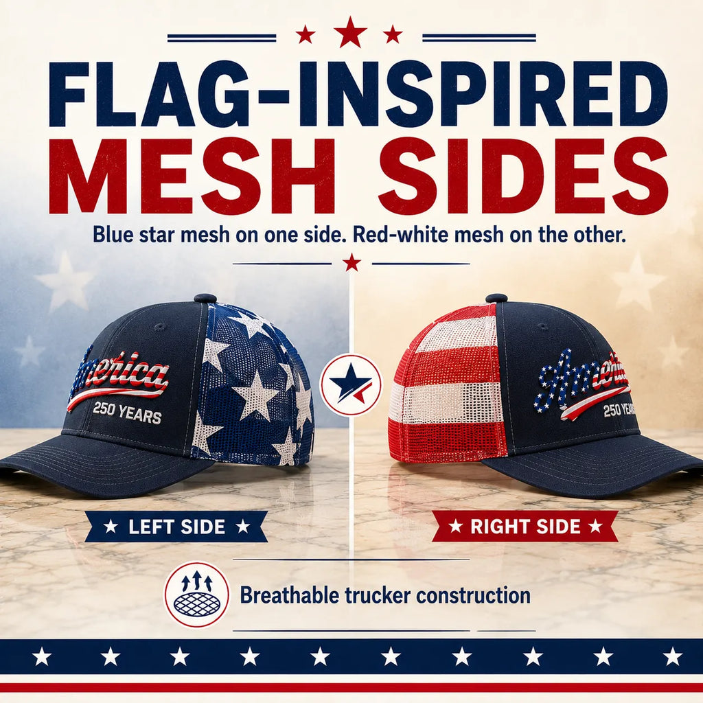 ❤️ 🇺🇸 America 250 Years Patriotic Embroidered Mesh Trucker Cap