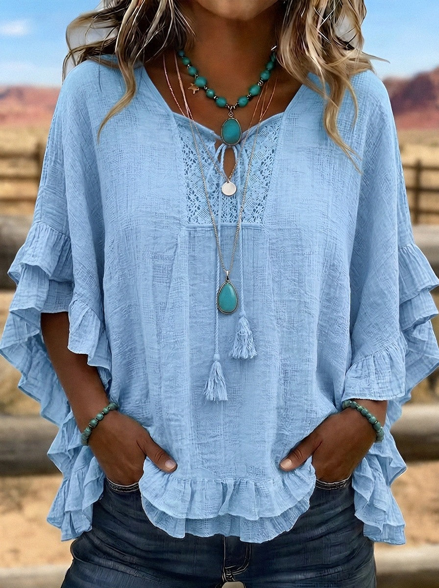 Women's Western Vintage Lace Ruffle Trim Printed Top