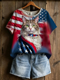 American Independence Day Cat Printed Women'S T-Shirt