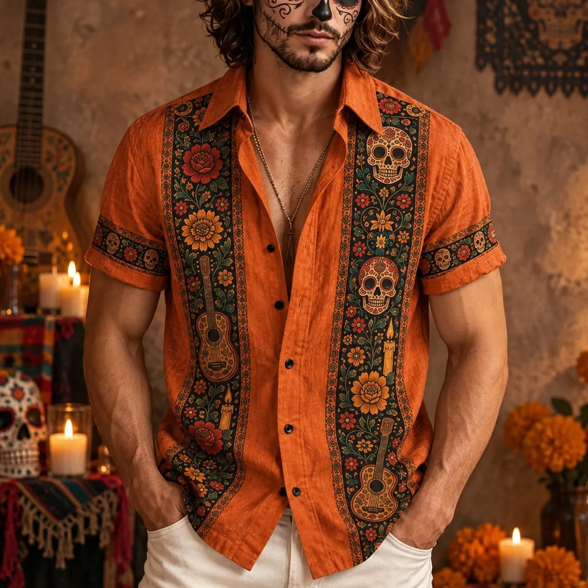 Men‘s Retro Mexico Day Of The Dead Sugar Floral Skull And Guitar Graphics Printed Shirt