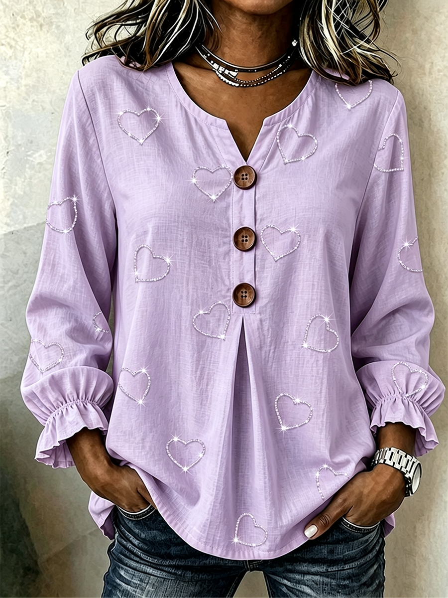 Women's Casual V-Neck Heart-Shaped Rhinestone Top