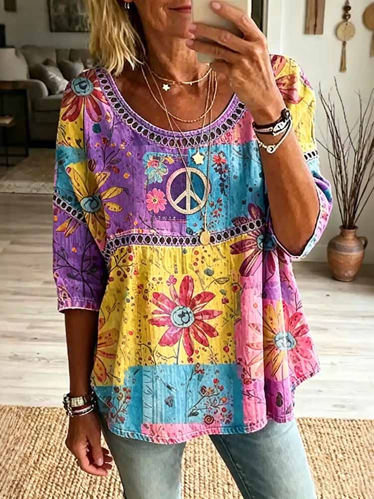 Women's Floral Patchwork Hippie Design Cotton Linen T-shirt