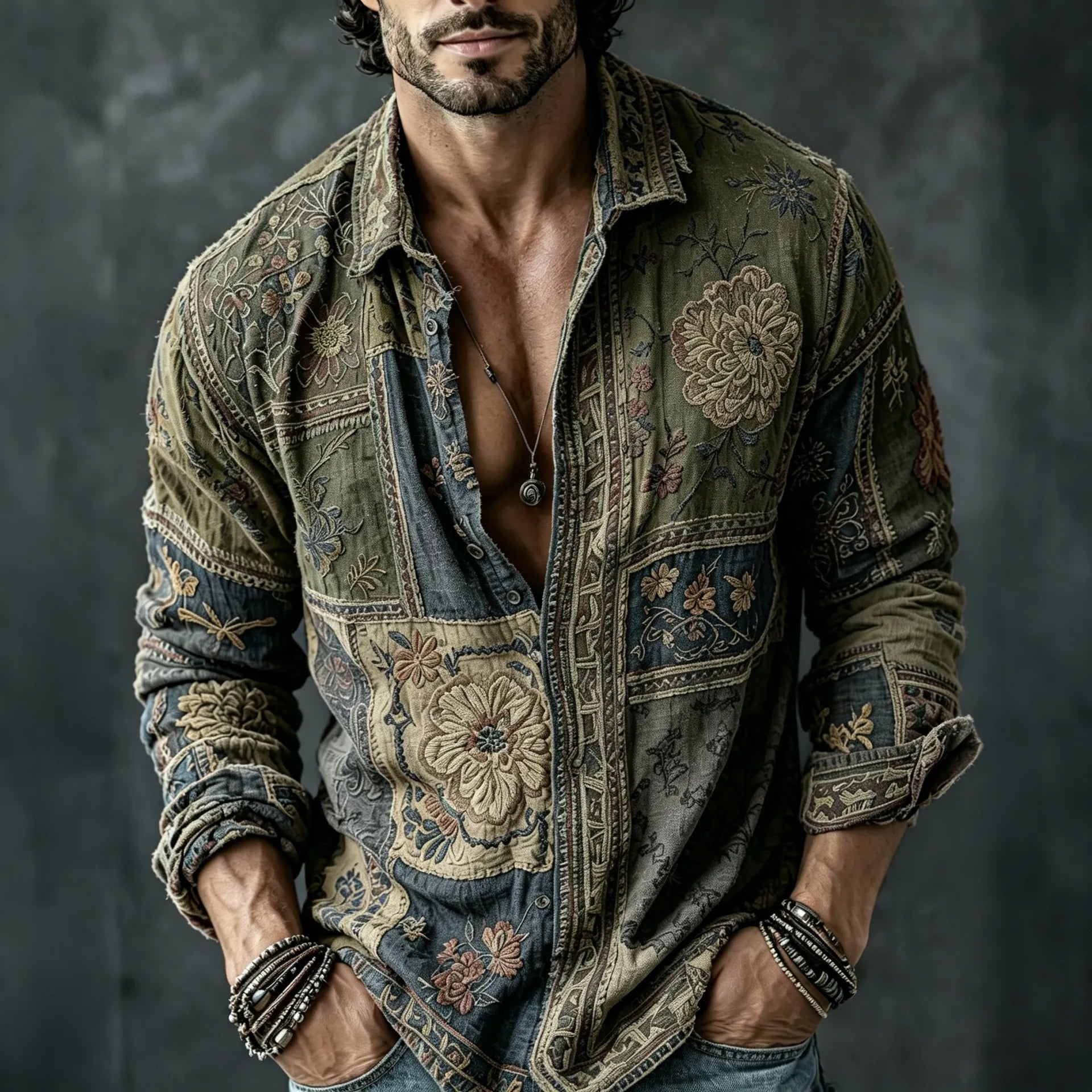 Men's Retro Floral Patchwork Embroidered Art Print Flowy Linen Blend Casual Shirt