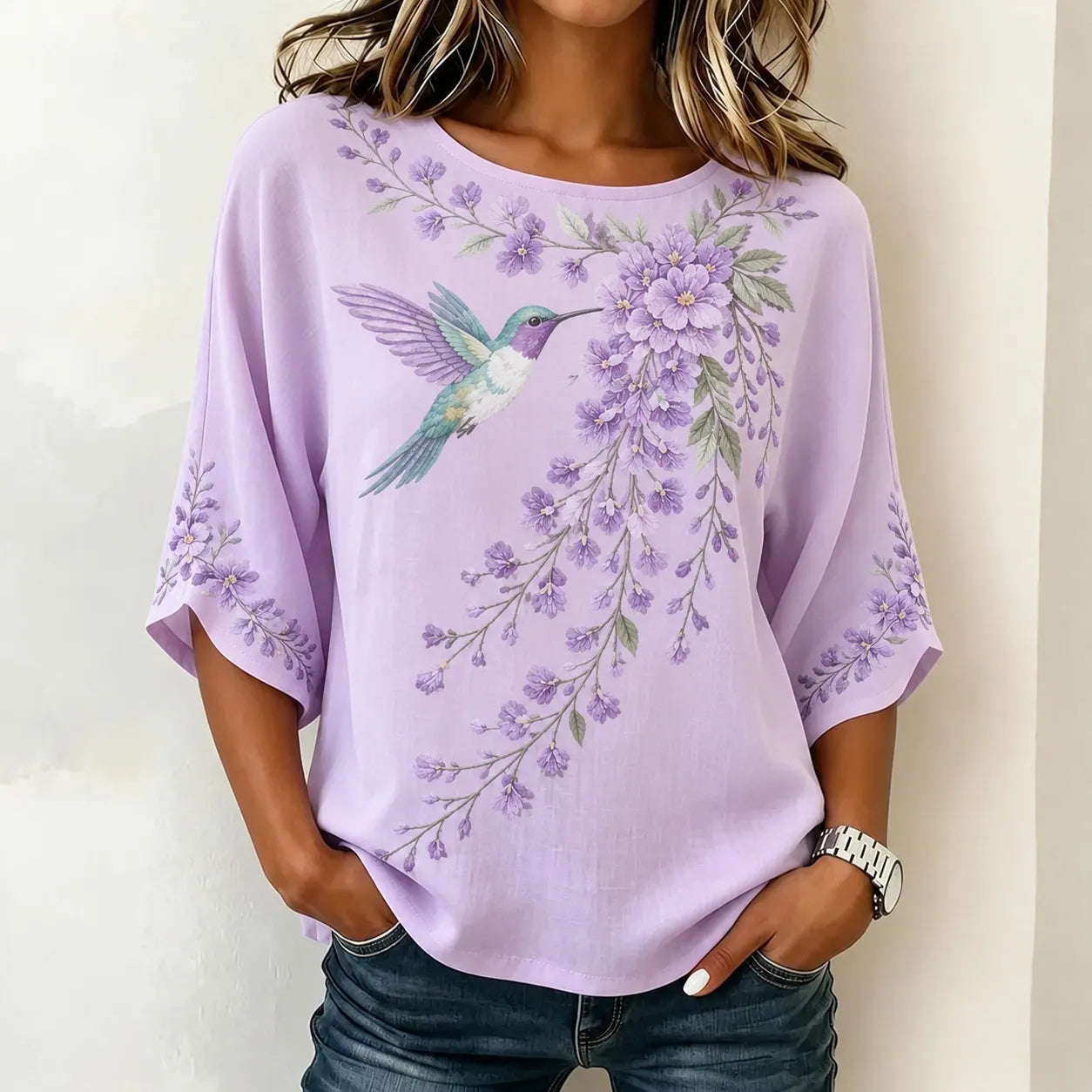 Women's Retro Purple Floral And Bird Pattern Casual Top
