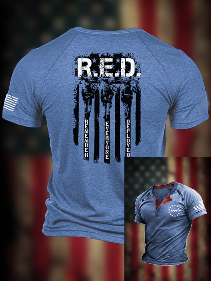 Men's RED Remember Everyone Deployed Henley Neck T-Shirt