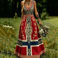 Retro Color-blocked Viking Ethnic Print Cotton And Linen Dress
