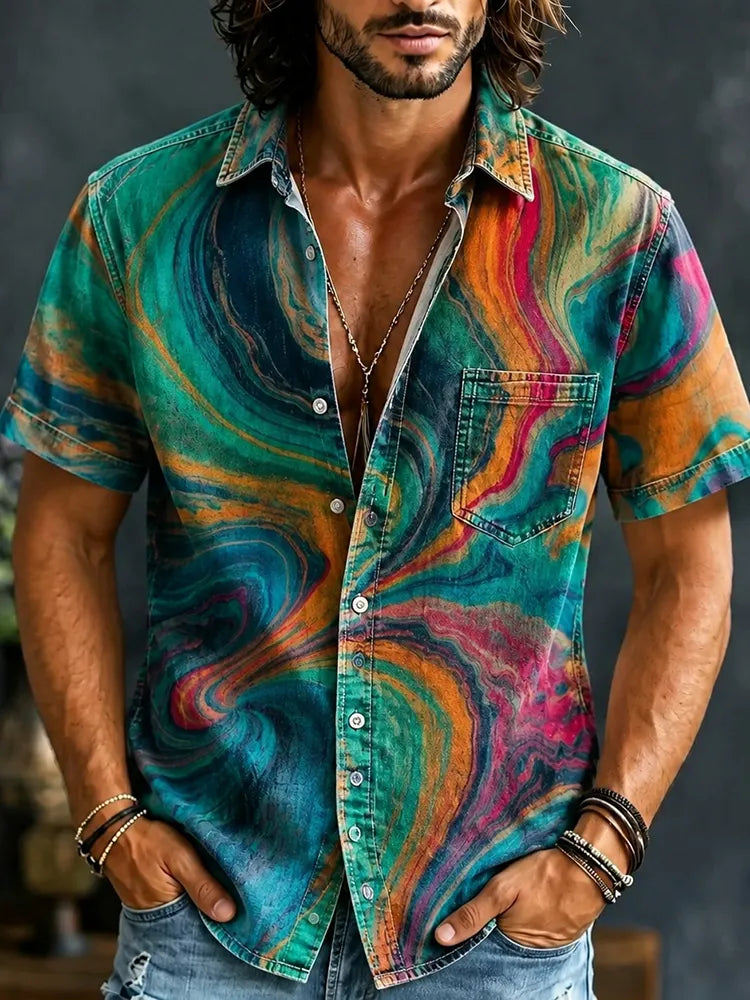 Men's Retro Colorful Tie Dye Print Pocket Short Sleeve Shirt
