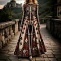 Women's Halloween Gothic Skeleton & Floral Poker Print Pattern Maxi Dress