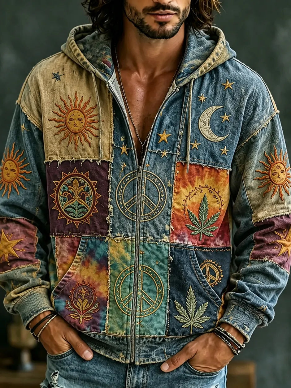 Men's Vintage Patchwork Sun Moon Star Art Cozy Warm Zipper Hoodie