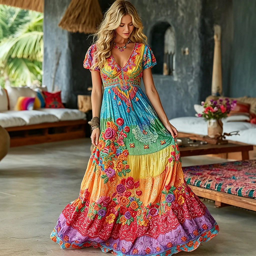 Women's Retro Hippie Floral Embroidered Cotton Linen V-neck Short Sleeve Long Dress