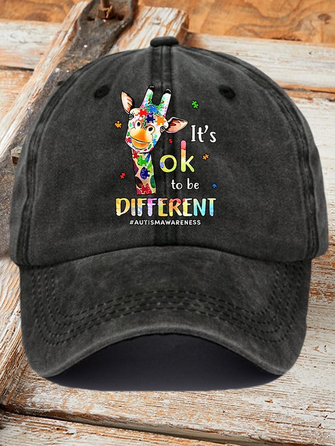 Retro Autism Awareness Giraffe It's Ok To Be Different Print Baseball Cap
