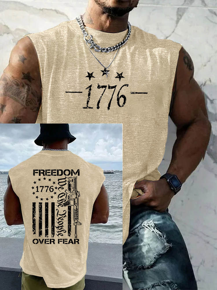1776 Freedom Over Fear Pattern Round Neck 100% Cotton Tank Top
