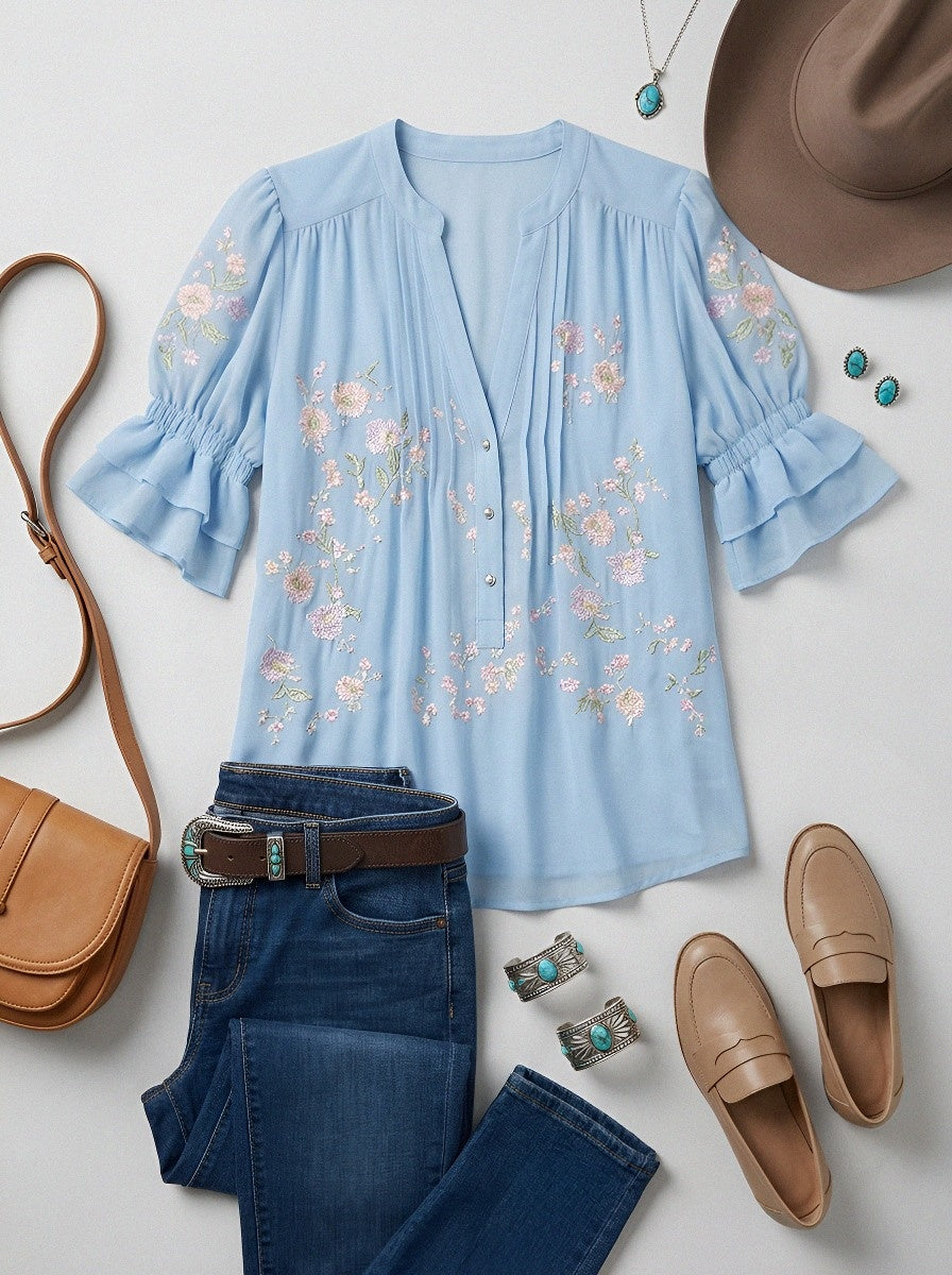 Women's Western Vintage Floral Embroidered Ruffle Sleeve Blouse