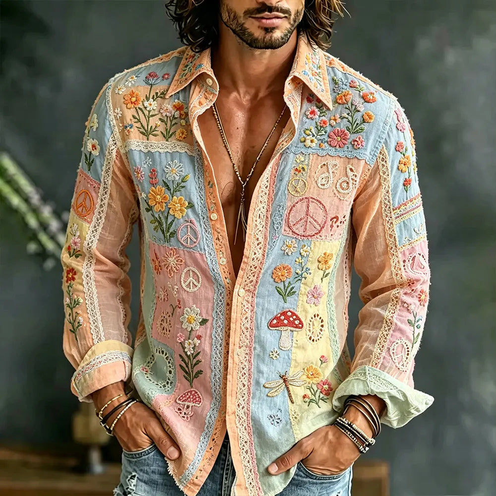 Men's Vintage Floral And Dragonfly Art Patchwork Cotton And Linen Casual Long-sleeved Shirt