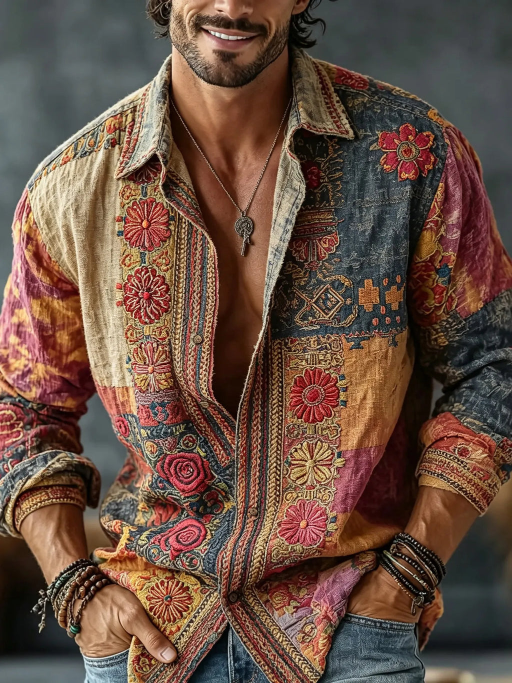 Men's Vintage Floral  Patchwork Embroidered Art Print Flowy Linen Blend Casual Shirt