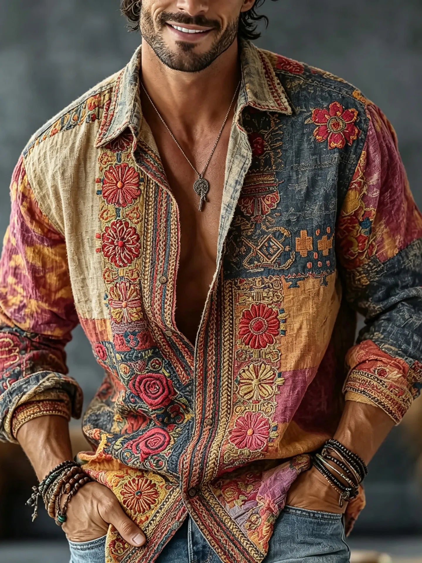Men's Vintage Floral  Patchwork Embroidered Art Print Flowy Linen Blend Casual Shirt