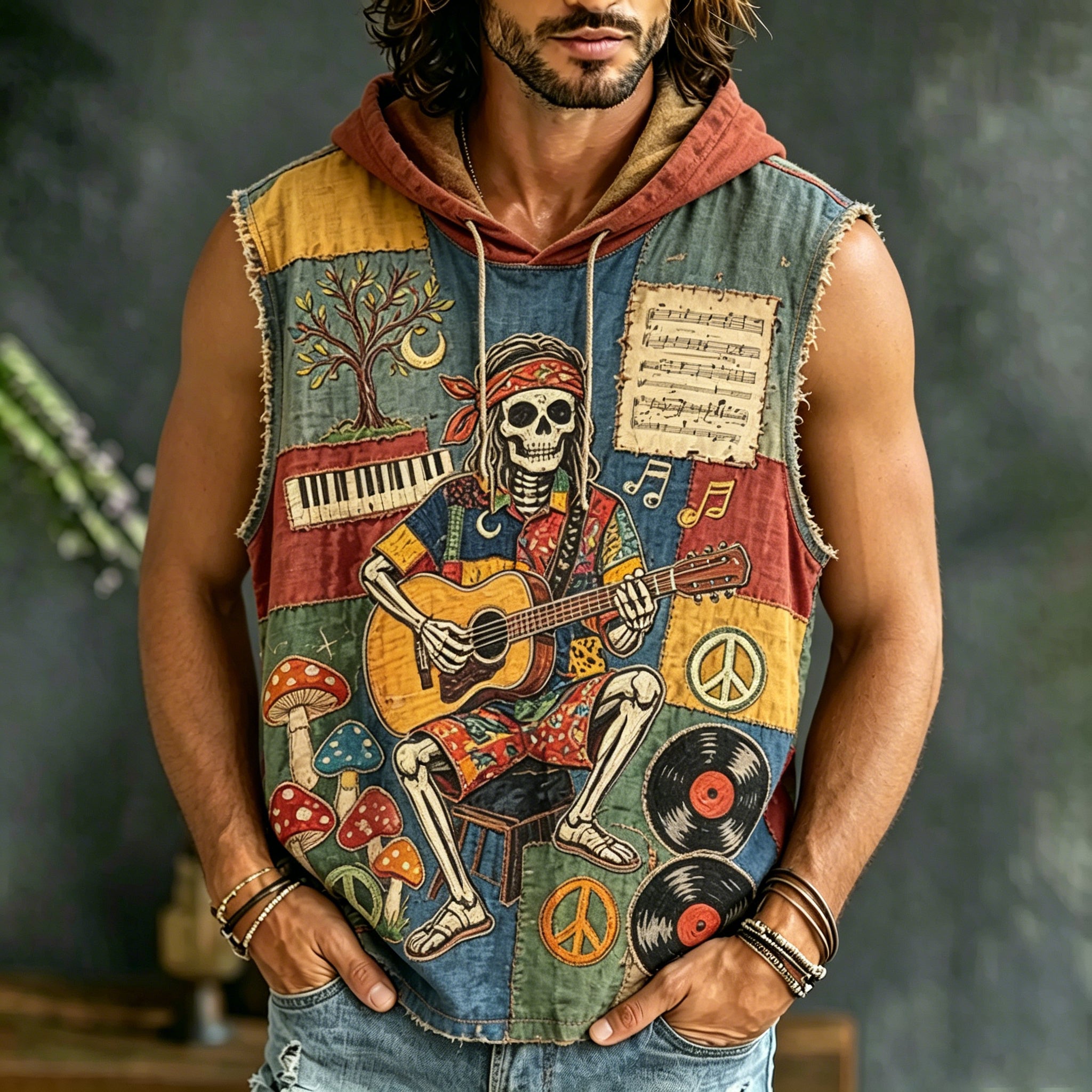 Men's Hippie Music Skull Print Hooded Vest