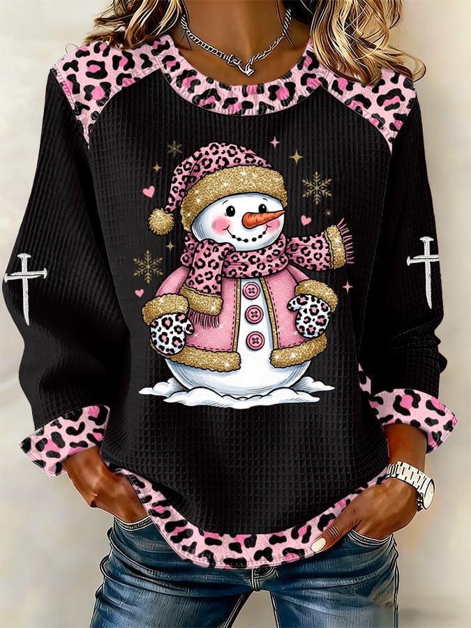 Women's Casual Pink Leopard Print Snowman Waffle Sweatshirt