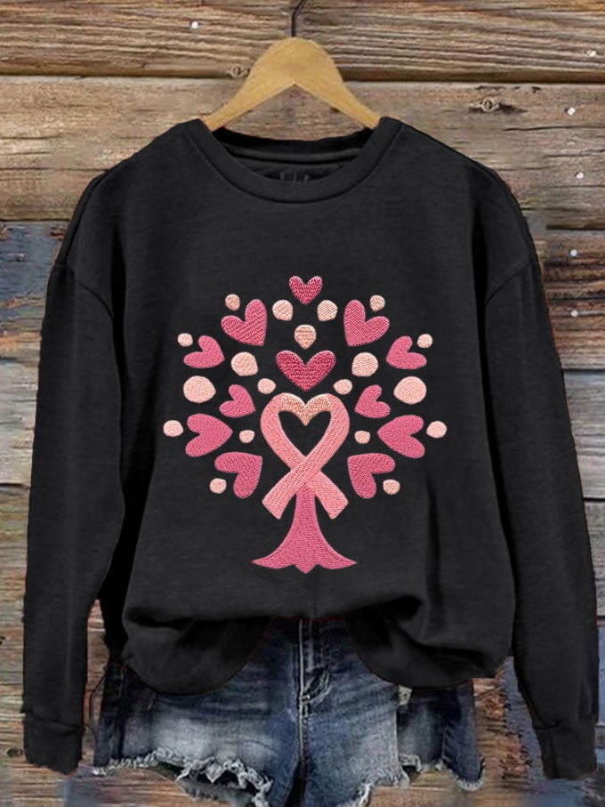 Women's Tree With Pink Ribbon Embroidered Printed Sweatshirt