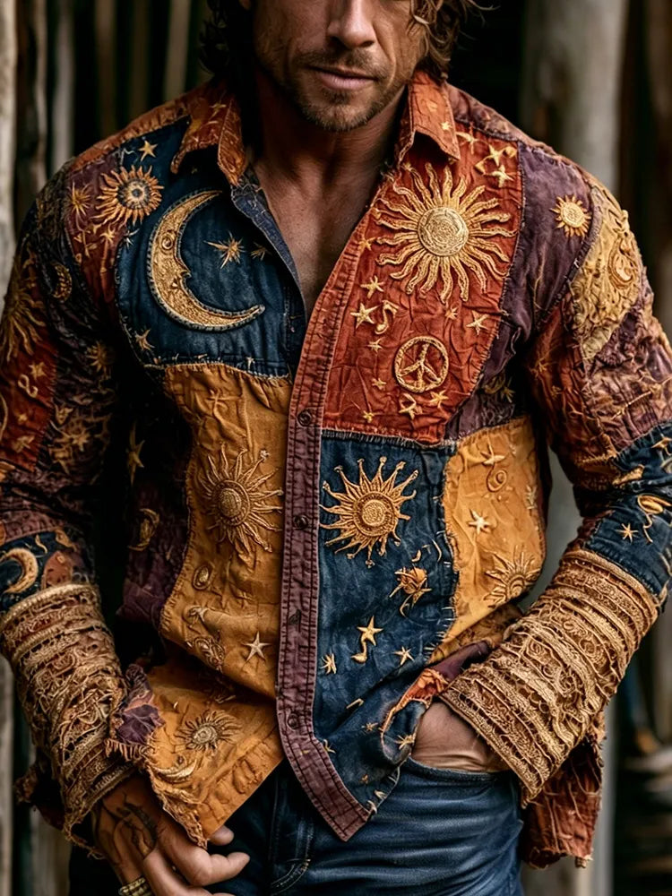 Men's Hippie Sun Moon Stars And Peace Symbol Art Patchwork Comfortable Linen Long-sleeve Shirt