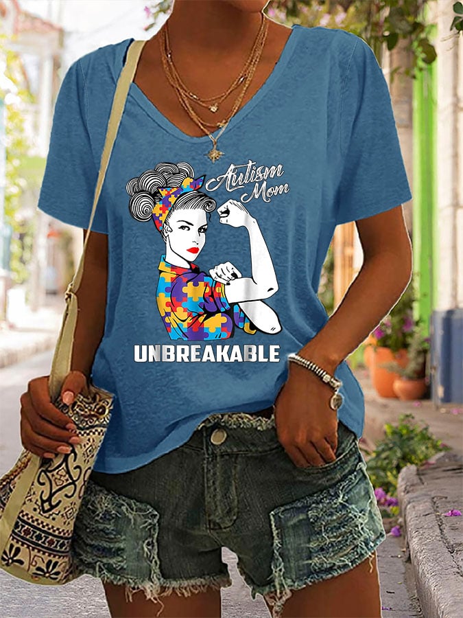 Women'S Autism Mom Unbreakable V Neck Short Sleeve T-Shirt
