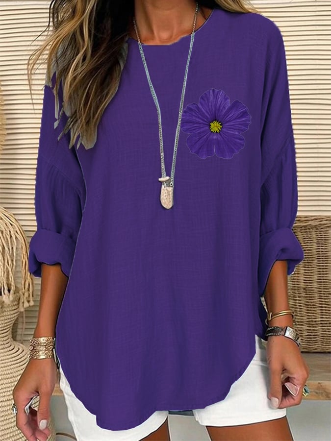 Women's Purple Floral Loose Long Sleeve Crew Neck Top
