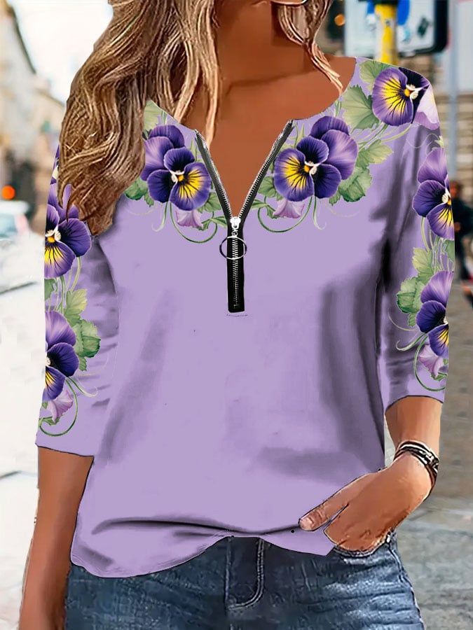 Women's Alzheimer's Awareness Purple Floral Zipper Print T-Shirt