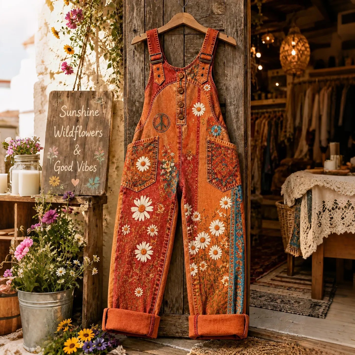 Retro Floral Ethnic Style Casual Cotton And Linen Overalls
