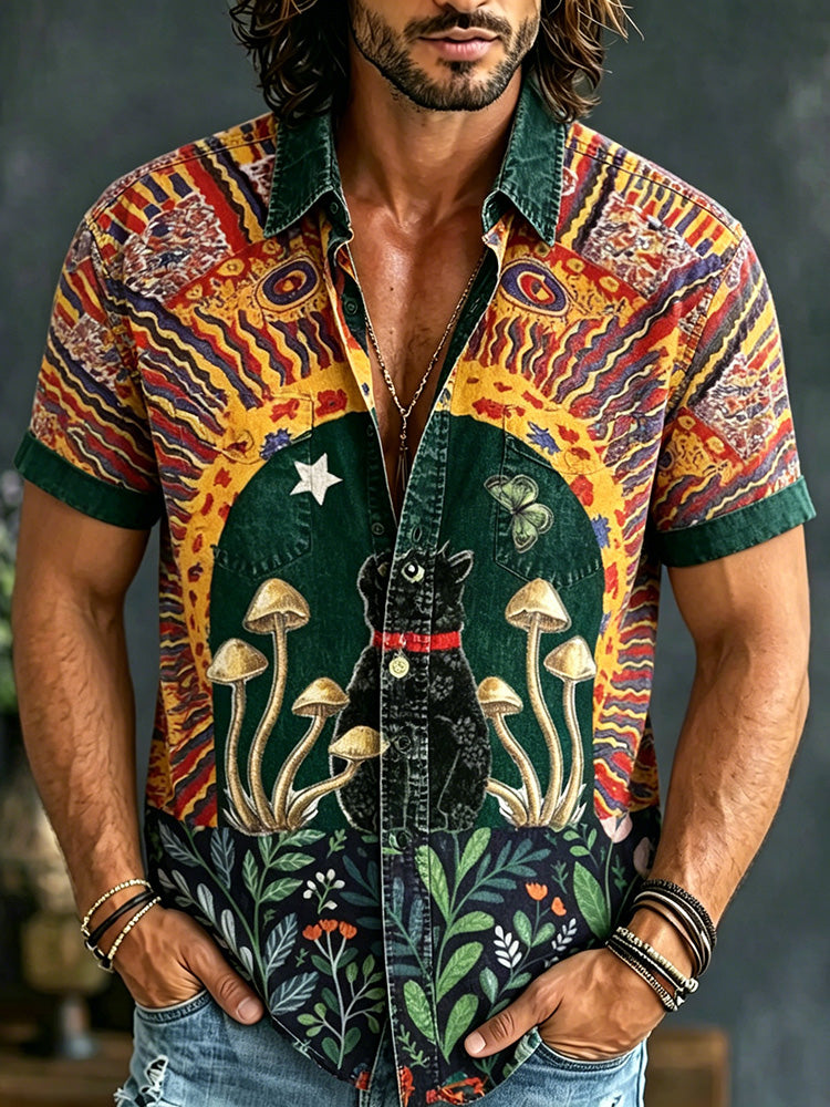 Men's Hippie Tie Dye Black Cat Art Print Shirt