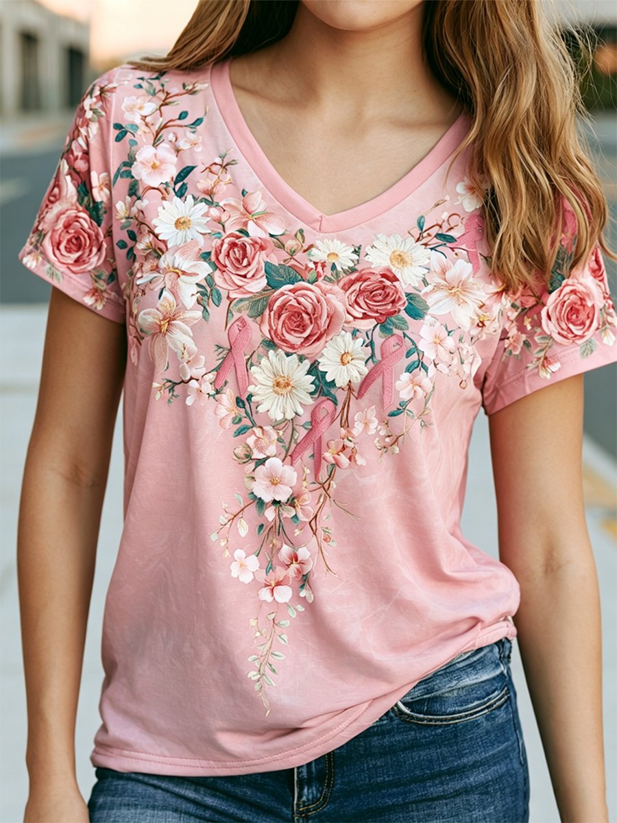 Women's Breast Cancer Awareness Floral Art V-Neck Short-Sleeve T-Shirt