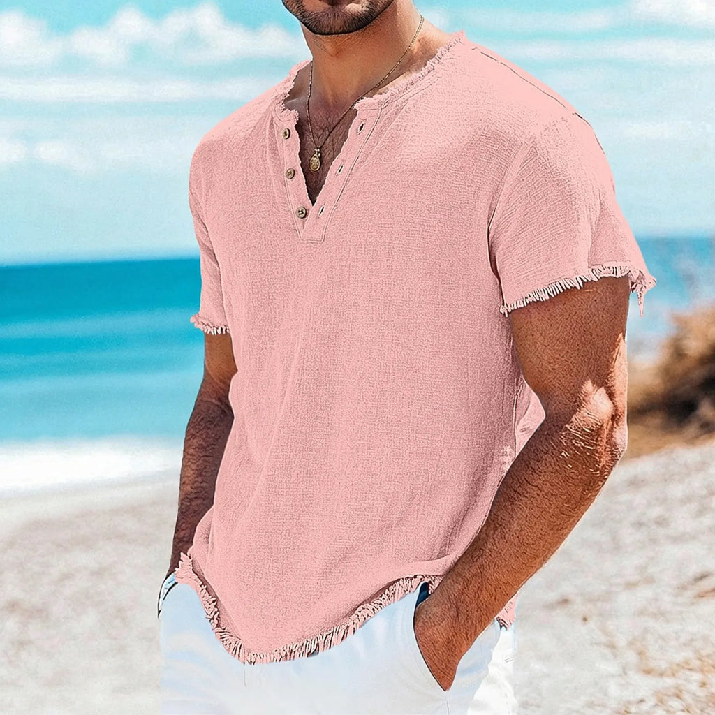 Men's Raw-Edge Cotton-Linen Henley Top