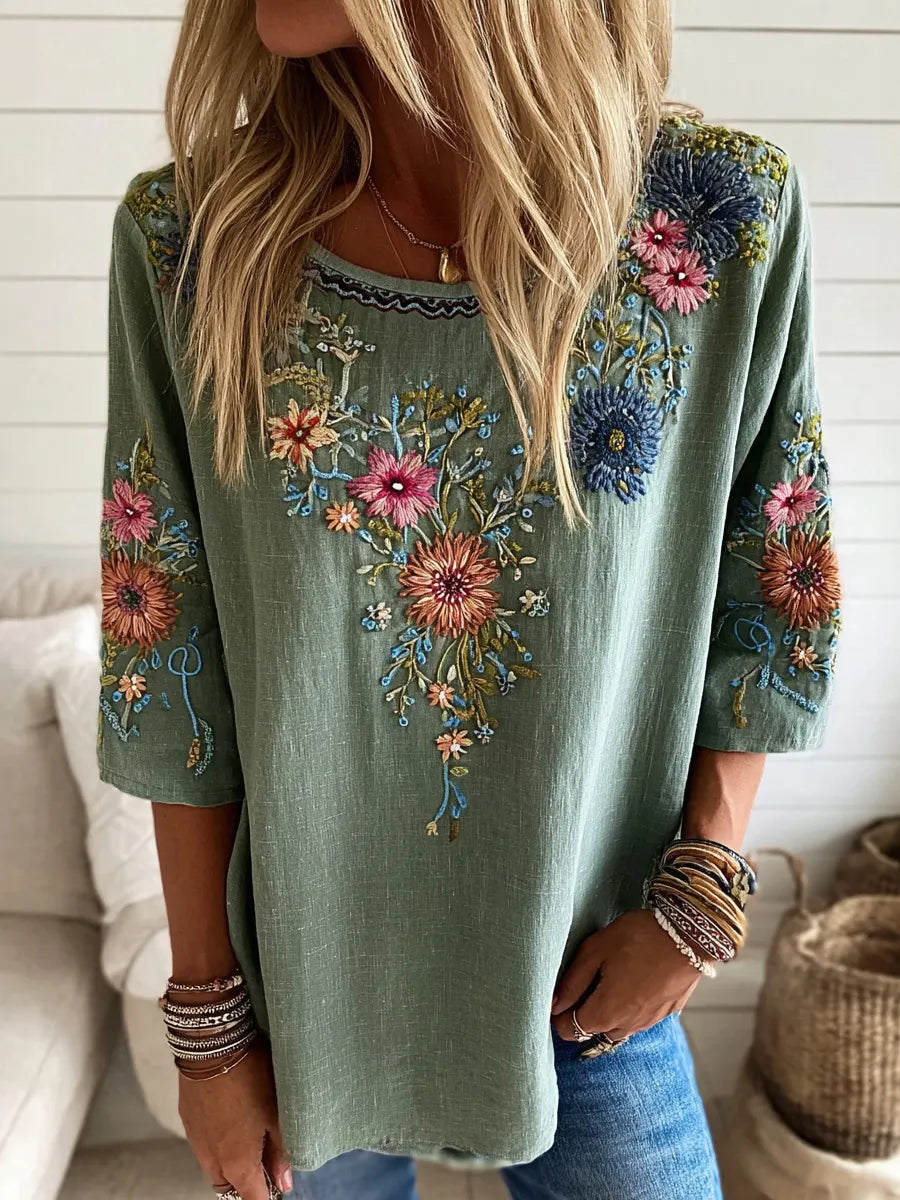 Women's Vintage Floral Embroidery Art Pattern Crew Neck Linen Blend T-shirt
