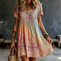 Women's Vintage Floral In Hippie Rainbow Art Print Flowy Linen Blend Linen Blend Mini Dress