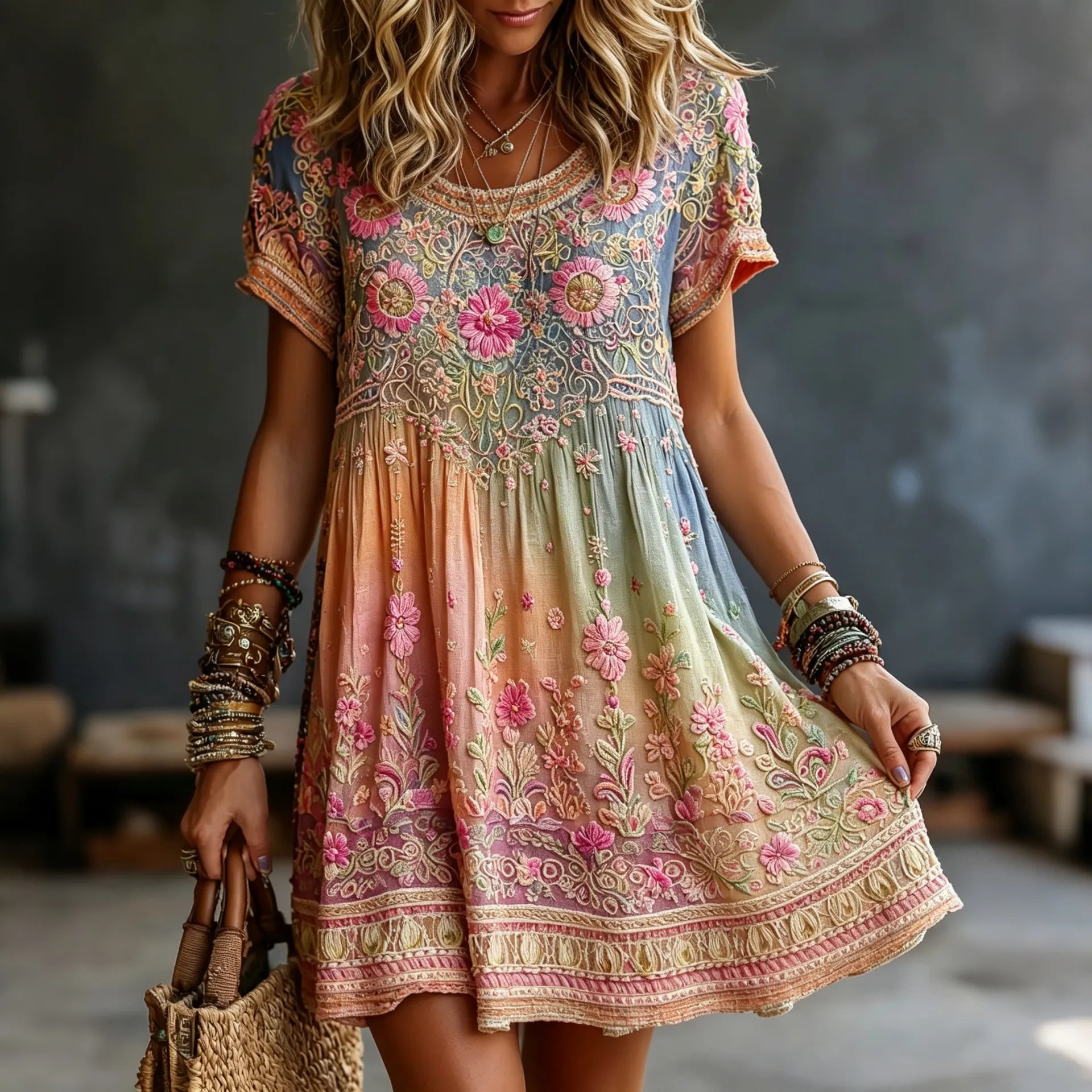 Women's Vintage Floral In Hippie Rainbow Art Print Flowy Linen Blend Linen Blend Mini Dress